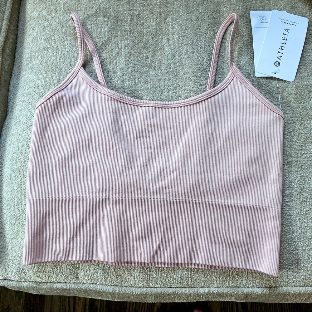 NWT Athleta Pink Ribbed Crop Top spaghetti strap with cross strap in back. Small
